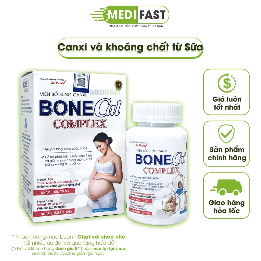 Canxi từ sữa Bone Cal Comlex - Hộp 30 viên - giảm loãng xương, còi xương ở trẻ em và người lớn, có thêm D3 K2