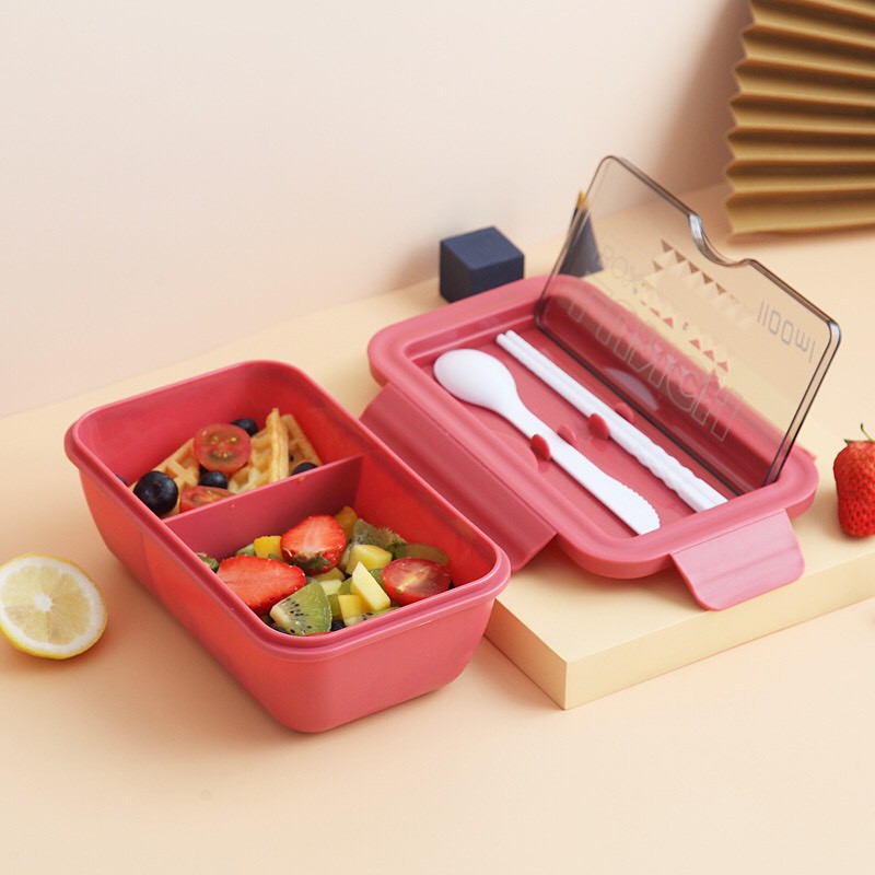 Hộp cơm văn phòng Bento Box lúa mạch 2 ngăn chống tràn kèm đũa thìa cao cấp sử dụng được trong lò vi sóng