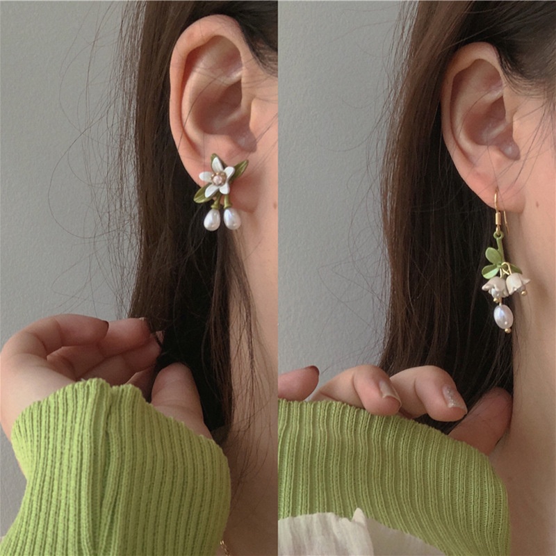 Khuyên Tai Bạc Họa Tiết Hoa Lá Đính Ngọc Trai Dễ Thương Thời Trang Cho Nữ