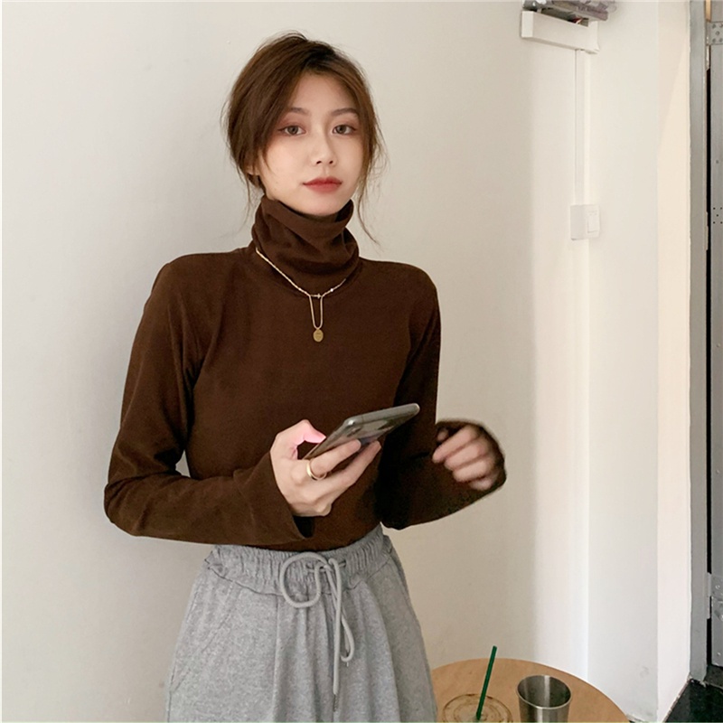 SUXI Áo Thun Dài Tay Cổ Cao Màu Sắc Đơn Giản Cho Nữ