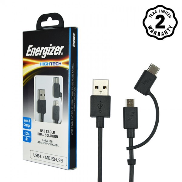 Cáp 2 trong 1 Type-C và Micro-USB Energizer HT màu đen, dài 1.2m - C11UBX2CFBK4