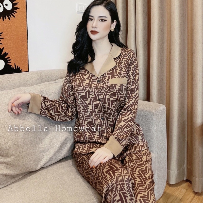 Bộ ngủ lụa hàn cao cấp Fen dy nâu cổ phối lạ cực sang xịn ,pyjama đủ size từ size nhỏ đến bigsize hàng thiết kế -abbella