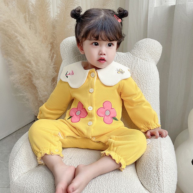 Áo Liền Quần Tay Dài Bằng Cotton Phối Ren Hoa Dành Cho Bé Gái 0897