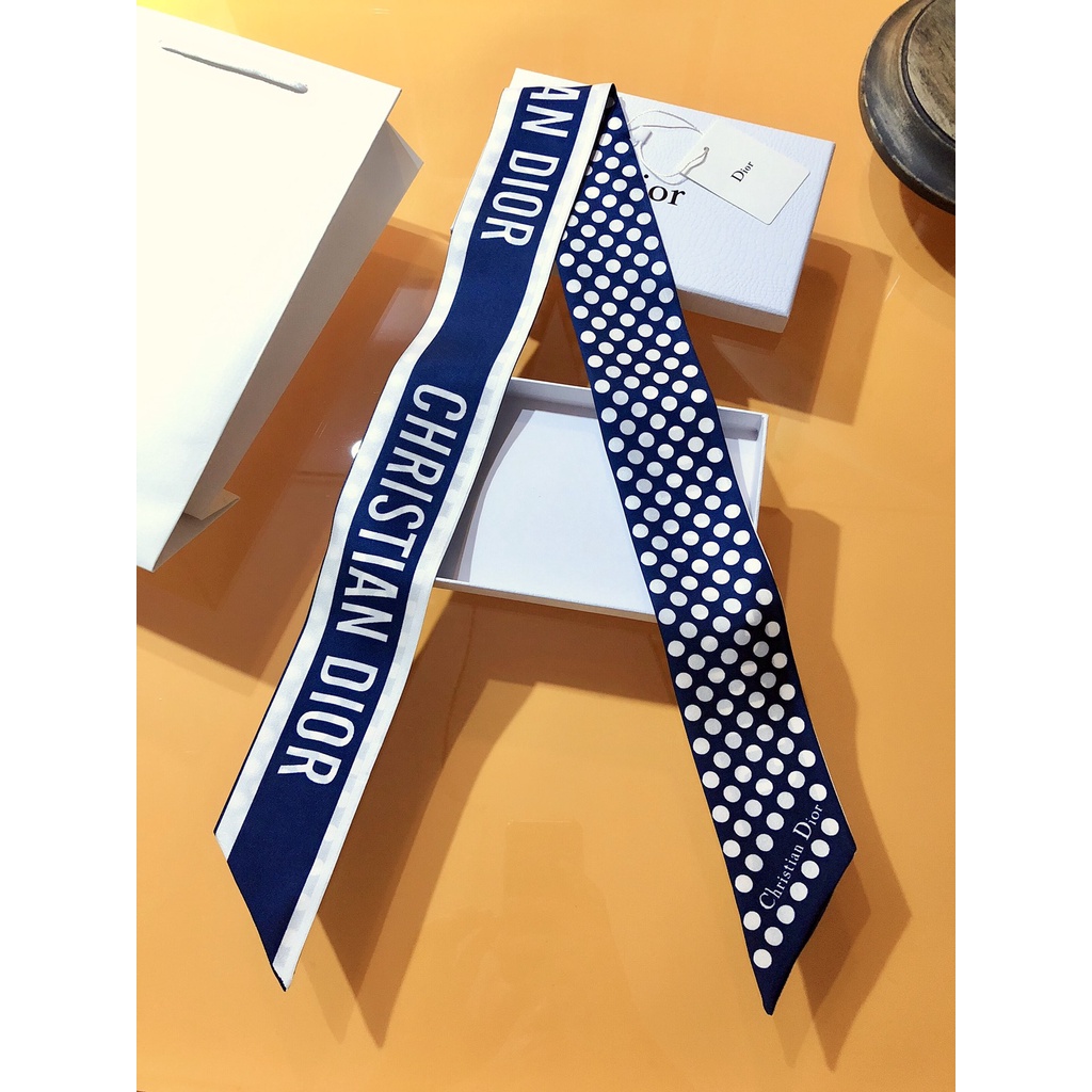 Khăn Choàng Cổ / Khăn Tay / Túi Xách Họa Tiết Chấm Bi Phối Ruy Băng Lụa Màu Xanh Navy Thiết Kế Ấn Tượng Cho Nữ