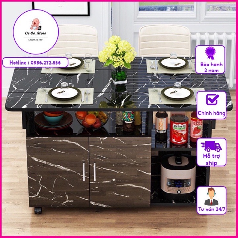 Bàn ăn gâp gọn có bánh xe, tủ đựng gia vị, bát đĩa. Kích thước sử dụng 120*70*77,Bàn ăn gấp gọn thông minh mặt men đá