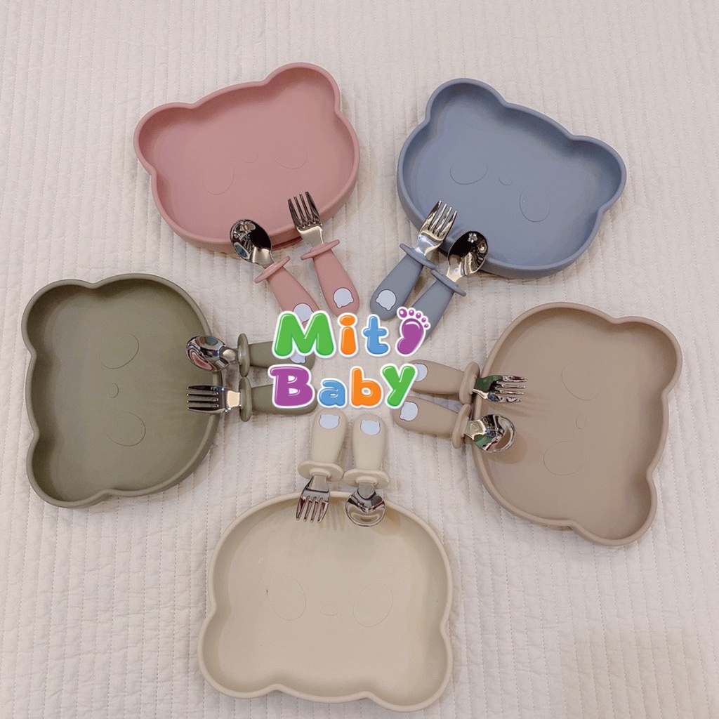 Bát đĩa ăn dặm cho bé, đĩa ăn dặm gấu hít sàn bar- rot