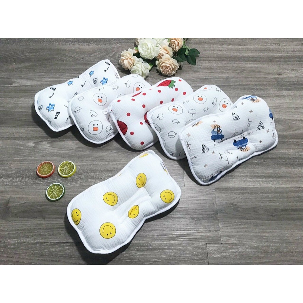 Gối xô cotton Hàn Quốc, chống bẹp đầu, thấm hút mồ hôi dành cho bé sơ sinh 0 đến 3 tháng