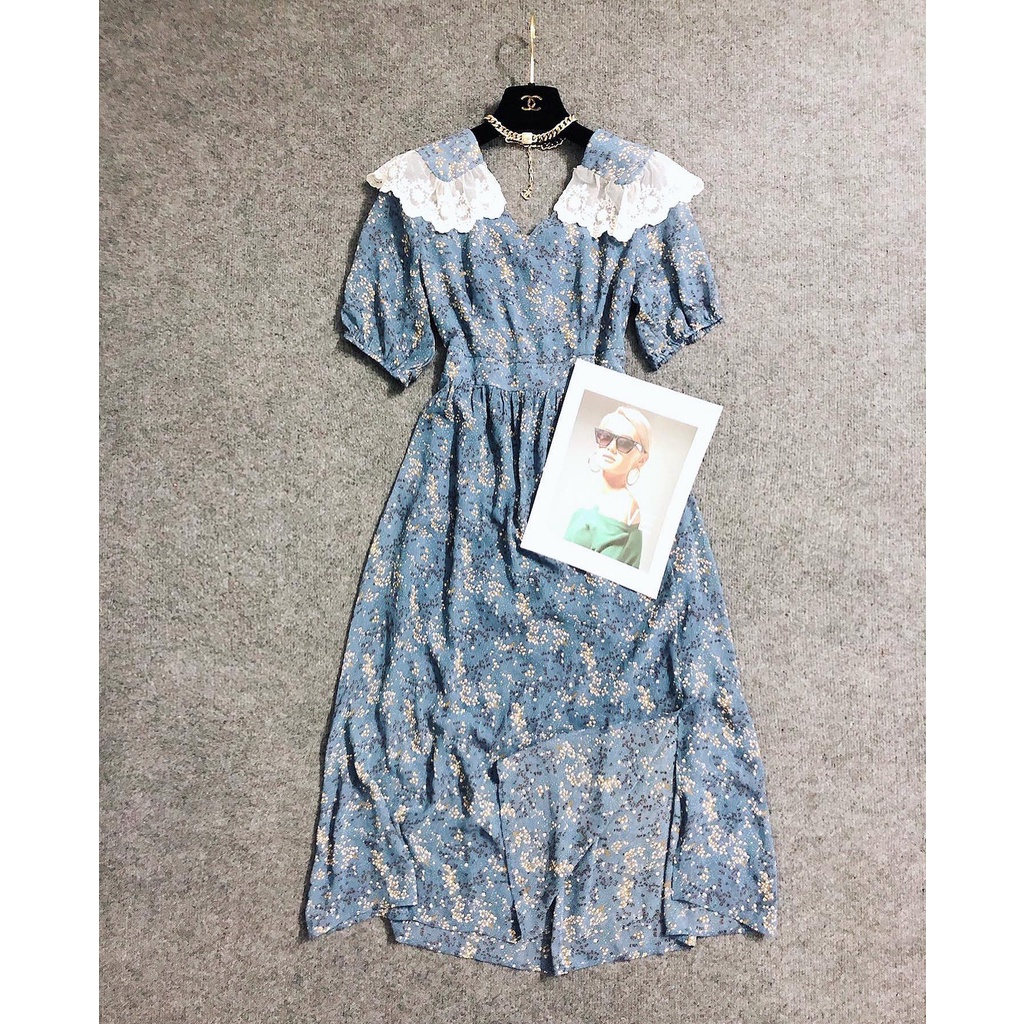 Váy đầm voan vintage 2hand cao cấp màu xanh họa tiết hoa nhí vàng