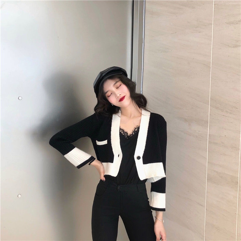 chiếc áo len Năm 2022 kiểu mới Áo khoác len cardigan ngắn tương phản retro