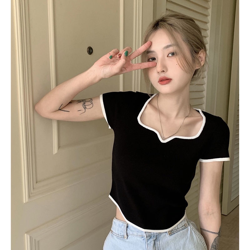 COZOK Áo Thun Dệt Kim Tay Ngắn Dáng Ôm Cổ Vuông Thời Trang