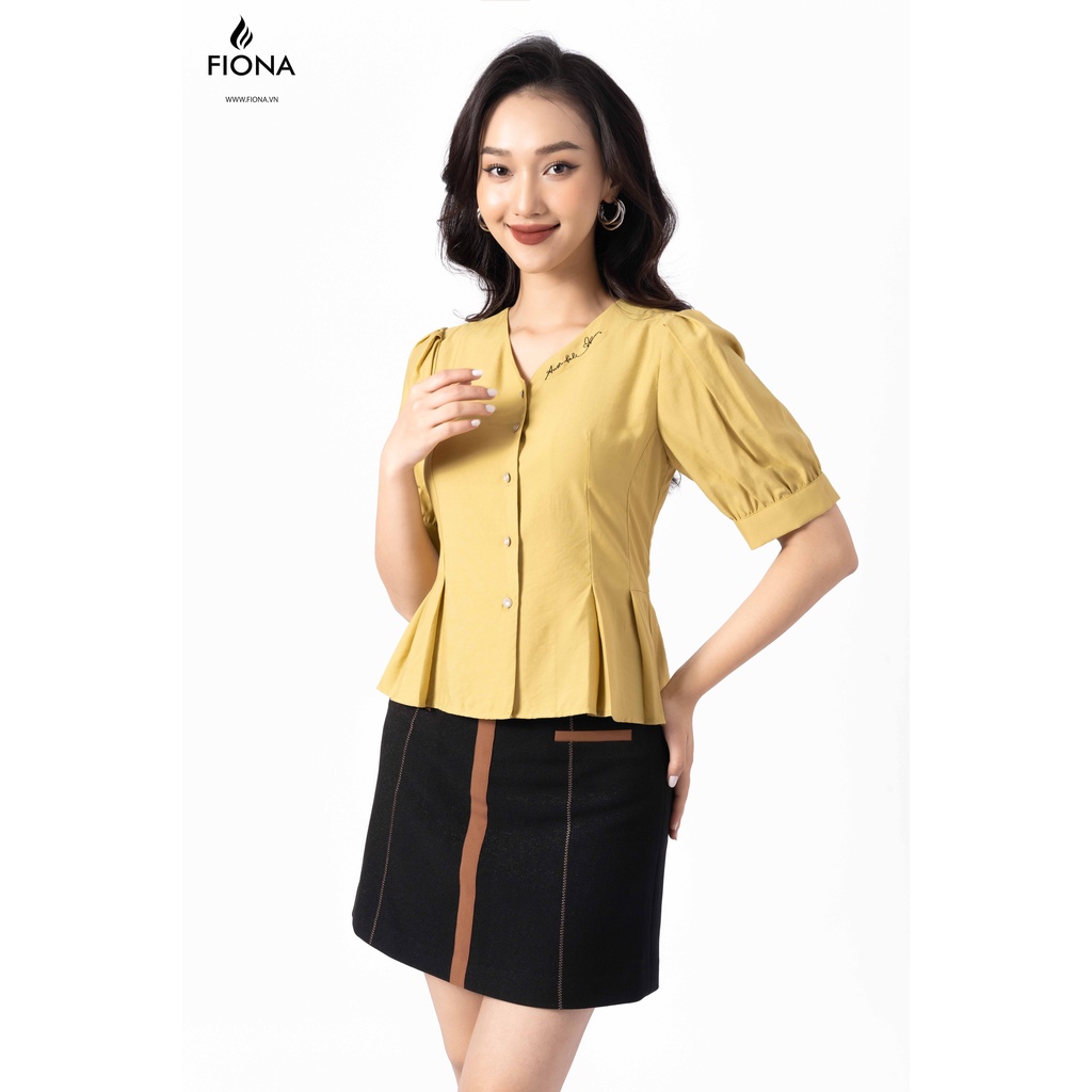Áo sơ mi nữ cổ V dáng ôm Peplum xếp ly, tay bồng, thêu cổ FIONA F550322