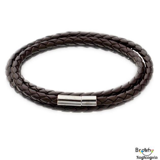 Vòng tay da nhiều lớp khóa kim loại cá tính cho nam