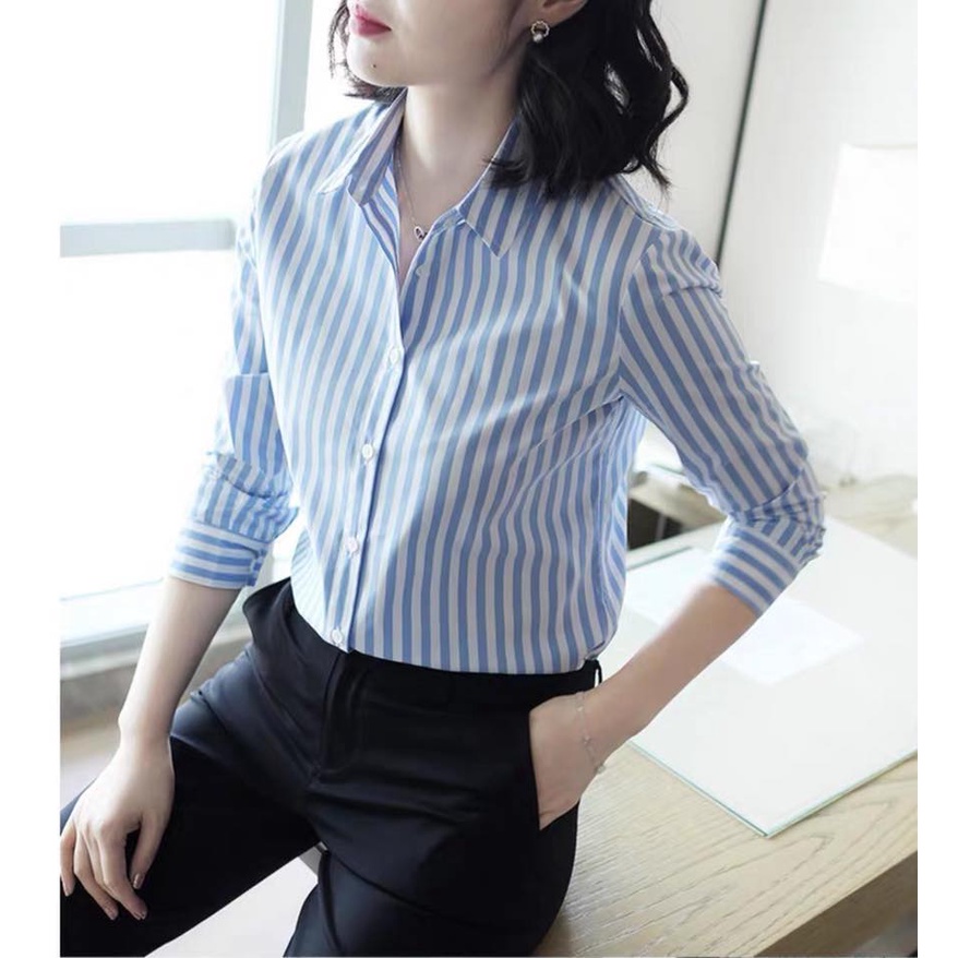 ÁO SƠ MI NỮ CÔNG SỞ DÀI TAY KẺ SỌC XANH JX9102 THỜI TRANG CAO CẤP