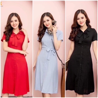 Bán sỉ Đầm xoè cổ nơ phối cúc trước NK