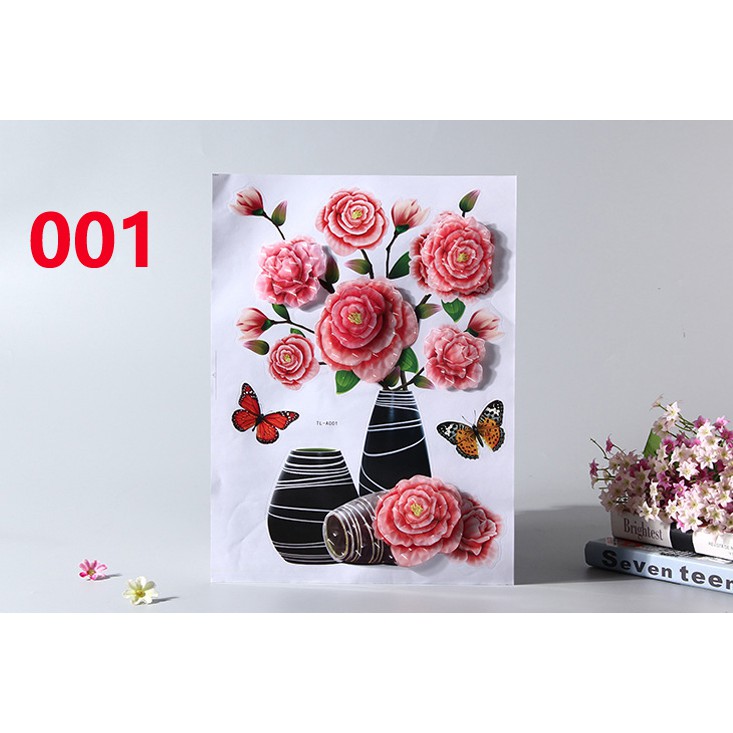 Decal Bình Hoa 3D Hoa nổi 𝑭𝒓𝒆𝒆𝒔𝒉𝒊𝒑Decal Dán Trang Trí Tường,Tủ Lạnh,Kính Loại 1