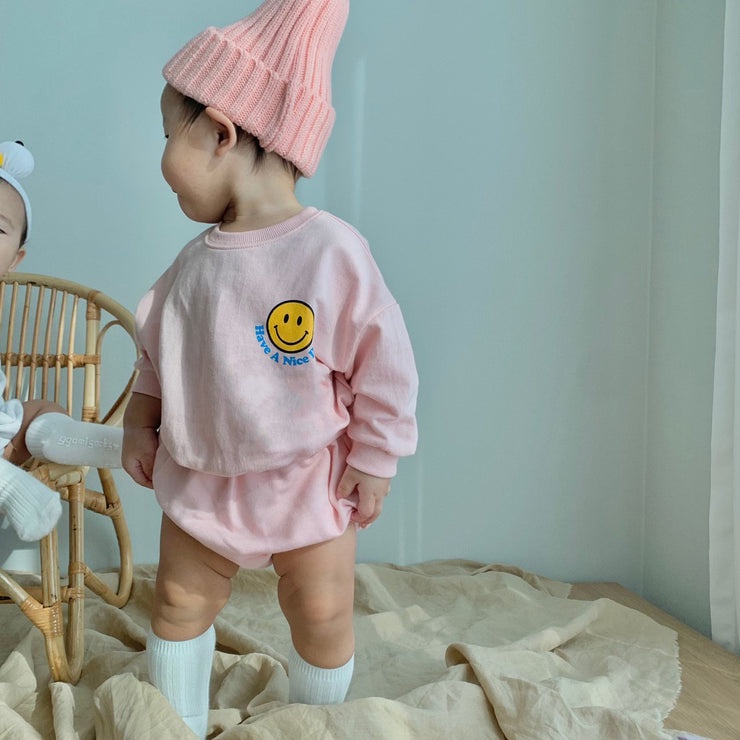 Bộ ÁO Cotton In HìNh MặT CườI + QuầN NgắN Cho Bé GáI