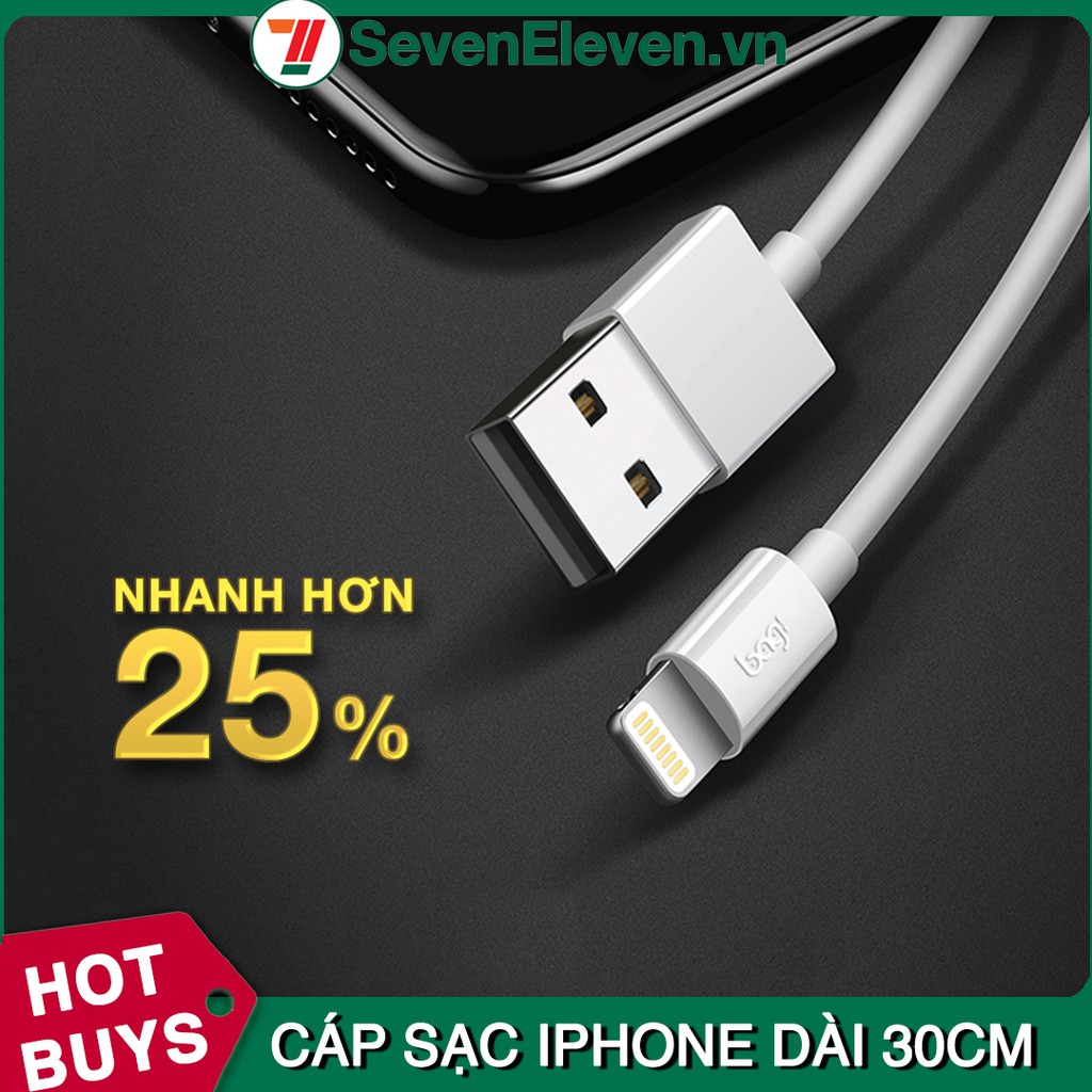 [Mã 2404EL10K giảm 10K đơn 20K] Cáp sạc iPhone sạc nhanh thương hiệu Bagi dài 30cm - IB30 ( Màu trắng )