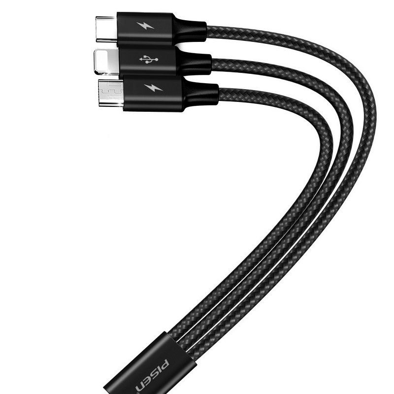 Cáp PISEN 3 trong 1 backlight 1200mm (Type-C, Micro USB, L), model: LS-AP13-1200, giao màu ngẫu nhiên - Hàng chính hãng