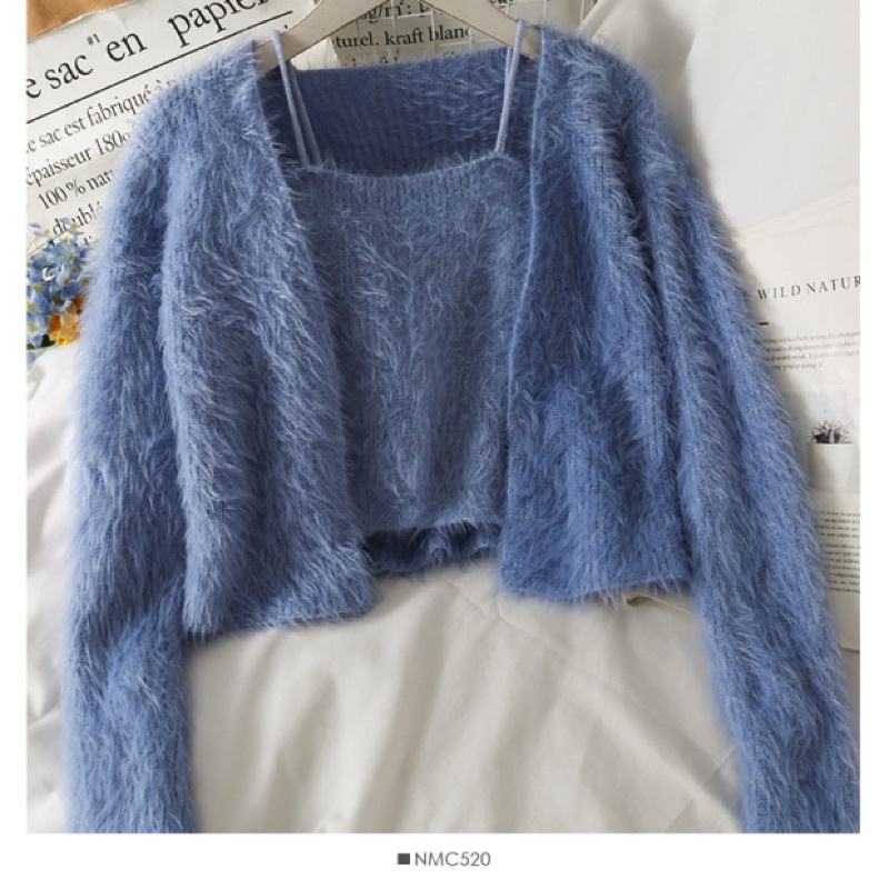 Set áo khoác len & áo 2 dây, 4 màu be, , đen, xanh, hồng