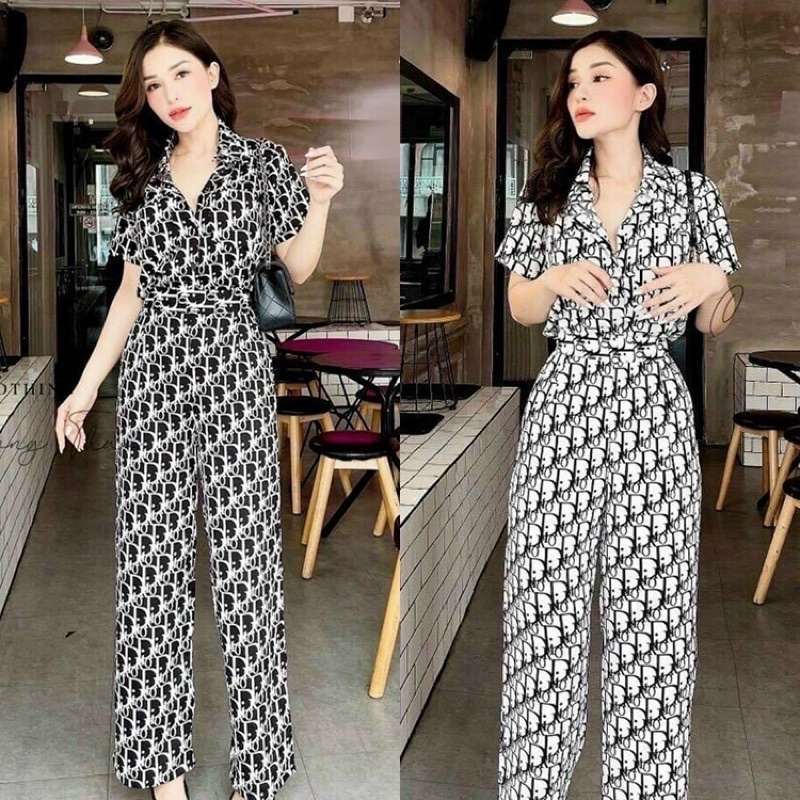 Jumpsuit thời trang tay ngắn cổ bẻ sơ mi màu đen, hoạ tiết bao xinh