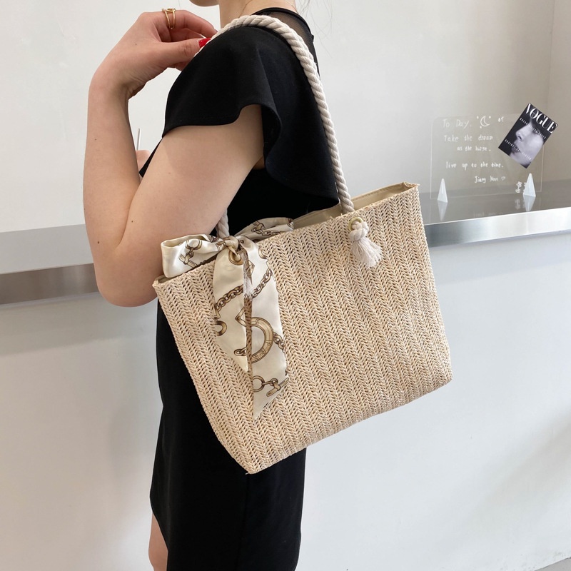 Túi Cói Vuông Lớn Quai Thừng Phối Dây Vải