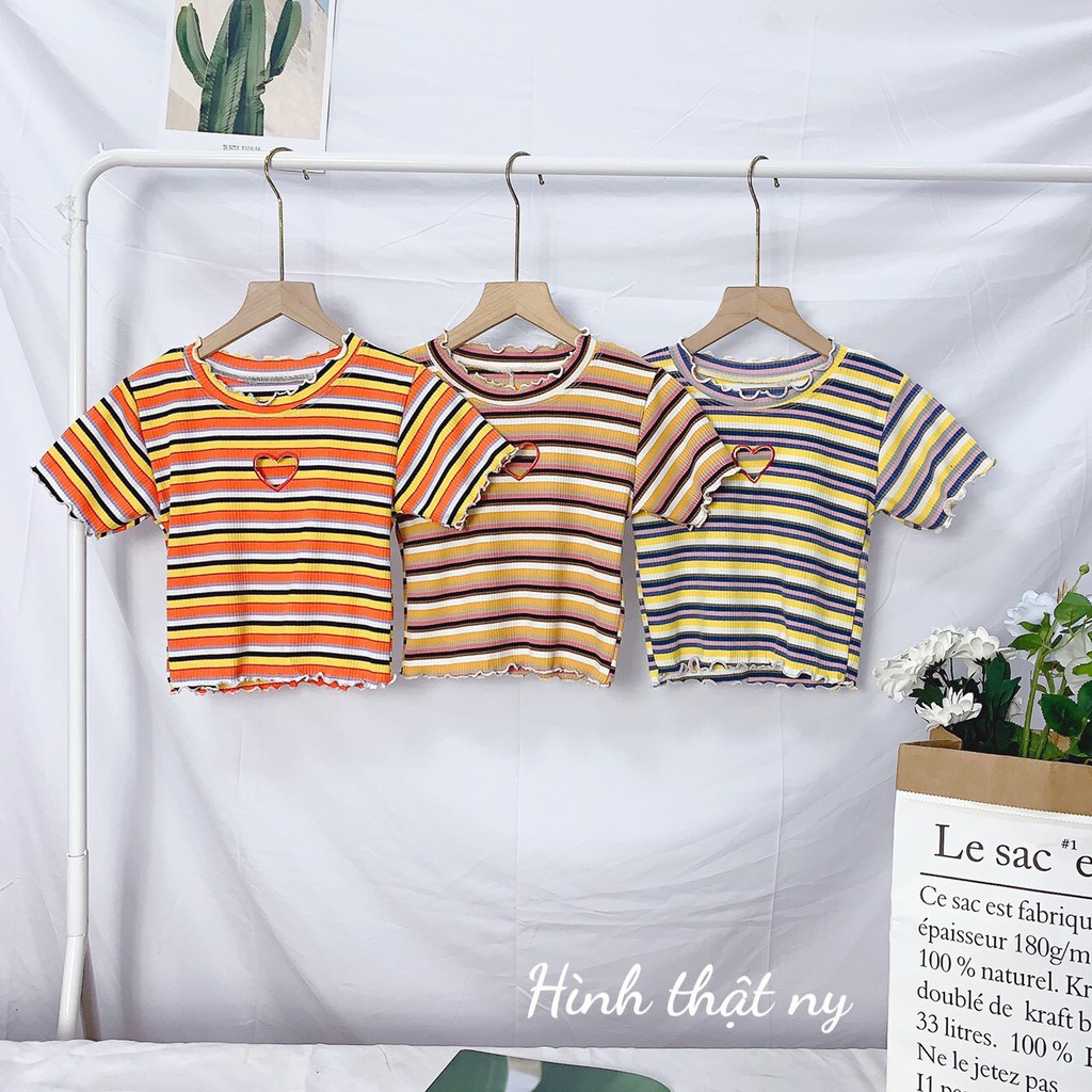 siêu phẩm các màu áo sọc màu cut out tim viền biên siêu cute