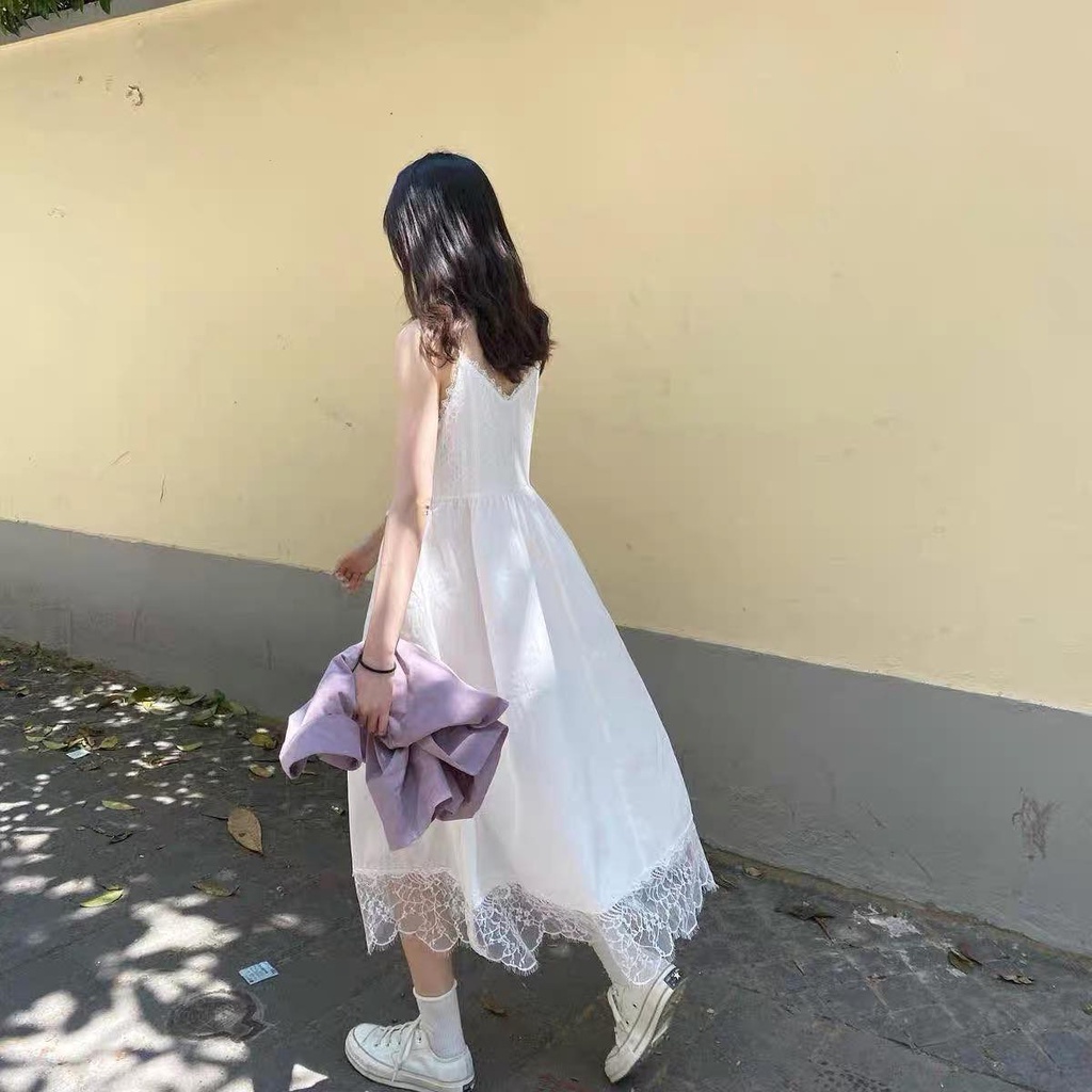 Váy 2 Dây Trắng Phối Ren Tiểu Thư Hai Lớp Chất Thô Thoáng Mát, Labibi