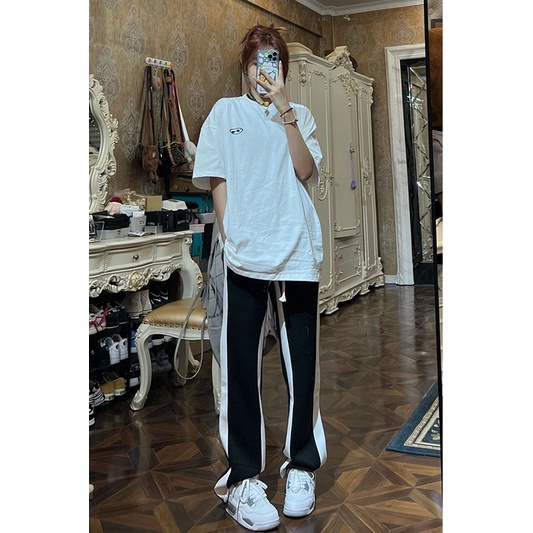 Quần Dài Lưng Cao Hoạ Tiết Kẻ Sọc Thiết Kế Dáng Rộng Thoải Mái