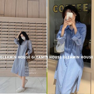 Xả Kho Váy Sơ Mi Kẻ Sọc Xanh Dài Tay Nữ - Đầm midi form rộng cài khuy