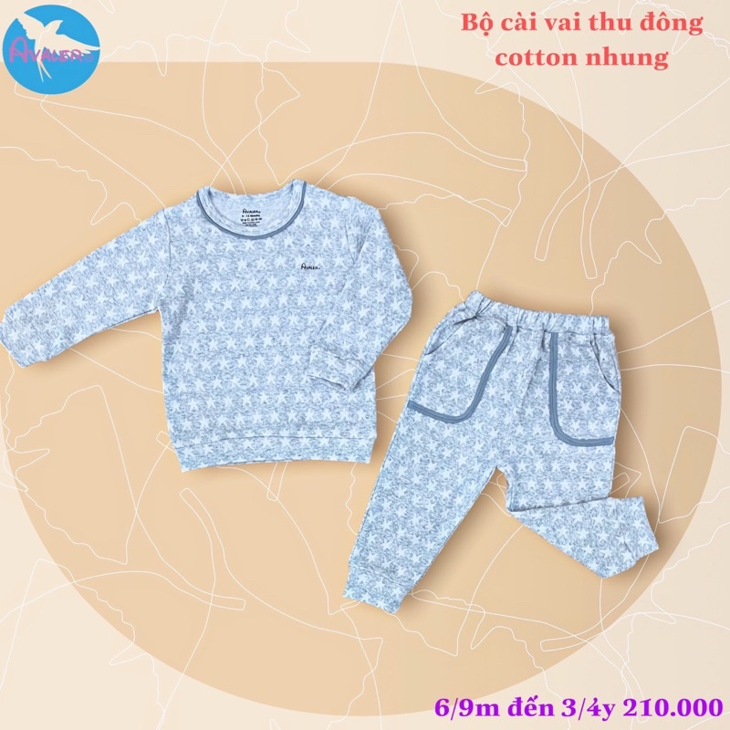 Avaler Bộ quần áo dài tay cúc cài vai vải cotton nỉ nhung thu đông cho bé 9-36 tháng