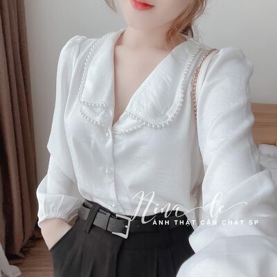 Áo sơ mi lụa cổ sen 2 lá đính viền dây ngọc tiểu thư
