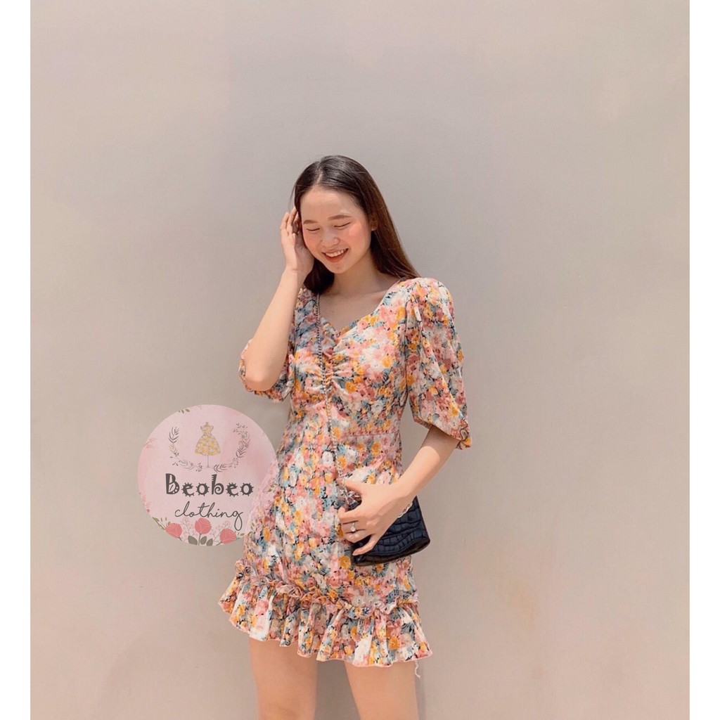 Đầm voan hoa chân bèo tay bo phồng thắt nơ vintage