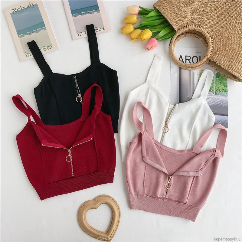 Áo len hai dây cổ chữ V phối khóa kéo phong cách trẻ trung dành cho nữ