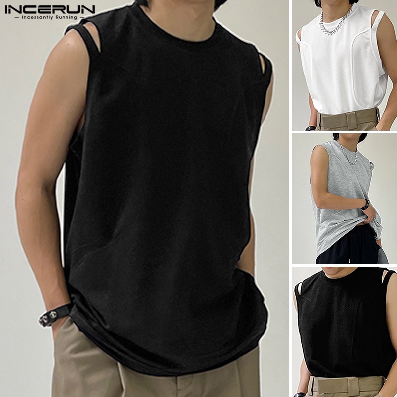 Áo ba lỗ INCERUN cổ tròn dáng rộng màu trơn thời trang mùa hè cho nam
