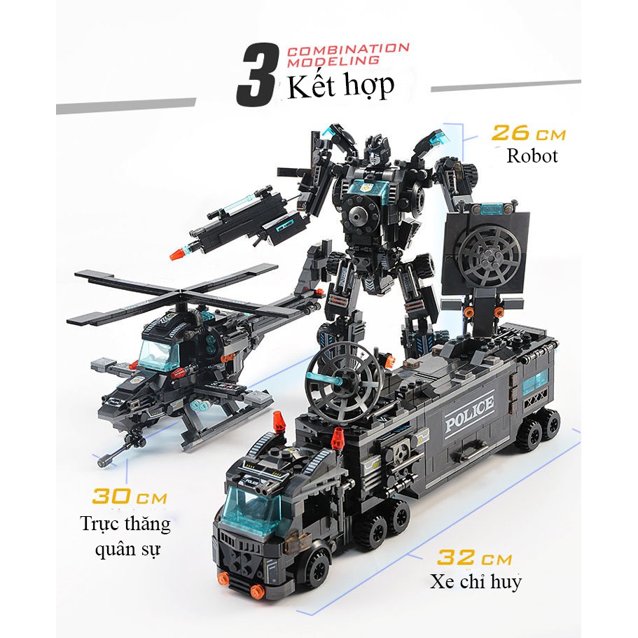 Bộ đồ chơi xếp hình cảnh sát với hơn 820 chi tiết với robot, máy bay, xe cảnh sát... kèm hộp đựng