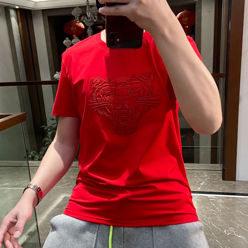 Áo Thun Tay Ngắn Chất Liệu Cotton Lụa Lạnh Thêu Hình Đầu Hổ Thời Trang Cao Cấp Cho Nam