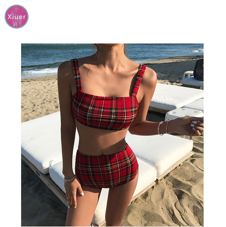 Korean style swimwear, sexy plaid high waist bikini, beachwear | BigBuy360 - bigbuy360.vn