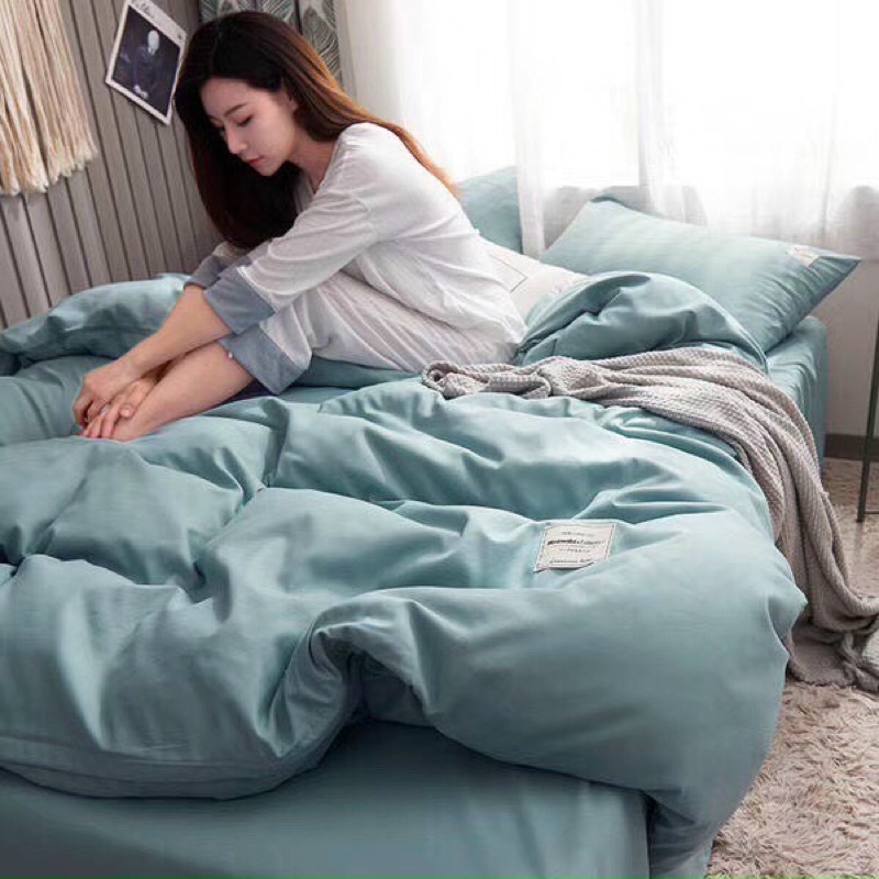 Trọn Bộ Chăn Ga Gối Cotton Tici 5 Món Hizun Trơn 1 Màu Vintage