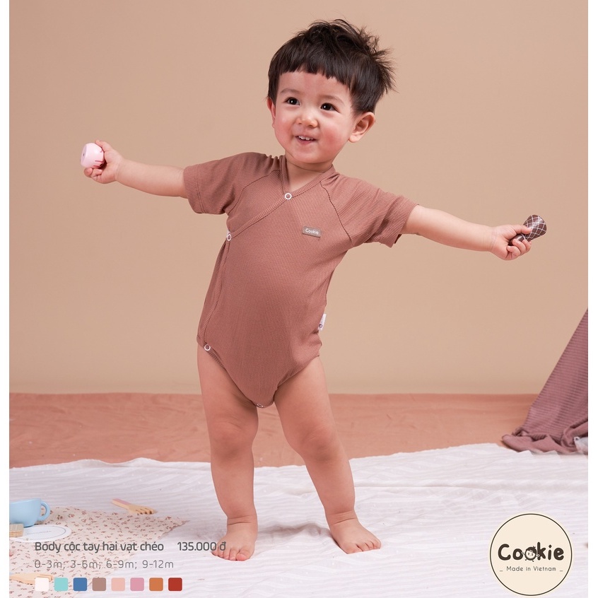 Bodysuit COOKIE Cộc Tay Vạt Chéo 0-3/3-6/6-9M Chất Liệu Air-Cool Knitwear Điều Hoà Nhiệt 4 Mùa
