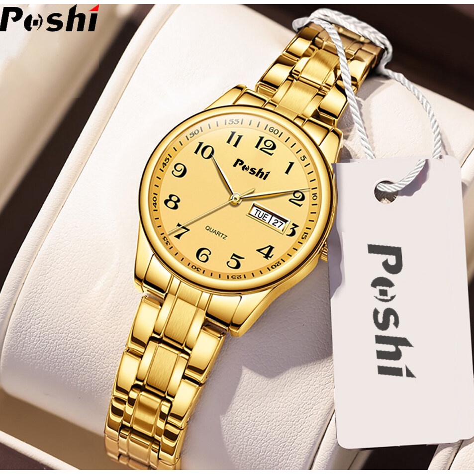 Poshi Đồng Hồ Đeo Tay Tự Động Chống Thấm Nước Với Màn Hình Hiển Thị Ngày Kép Màu Vàng Bằng Thép Không Gỉ Thời Trang Hàn Quốc