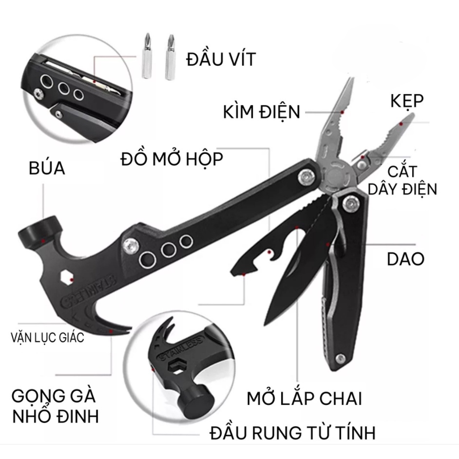 Búa Đa Năng Gấp Gọn Bằng Thép Không Gỉ, Kìm Kiêm Búa, Tô Vít Đa Năng 14in1 - Dụng cụ Đi Phượt - Cắm Trại Picnic