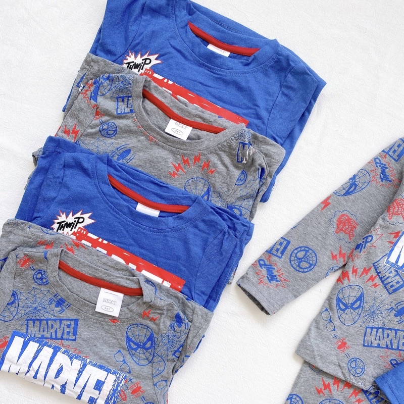 Set 2 bộ cotton dài tay cho bé trai in marvel xanh ghi