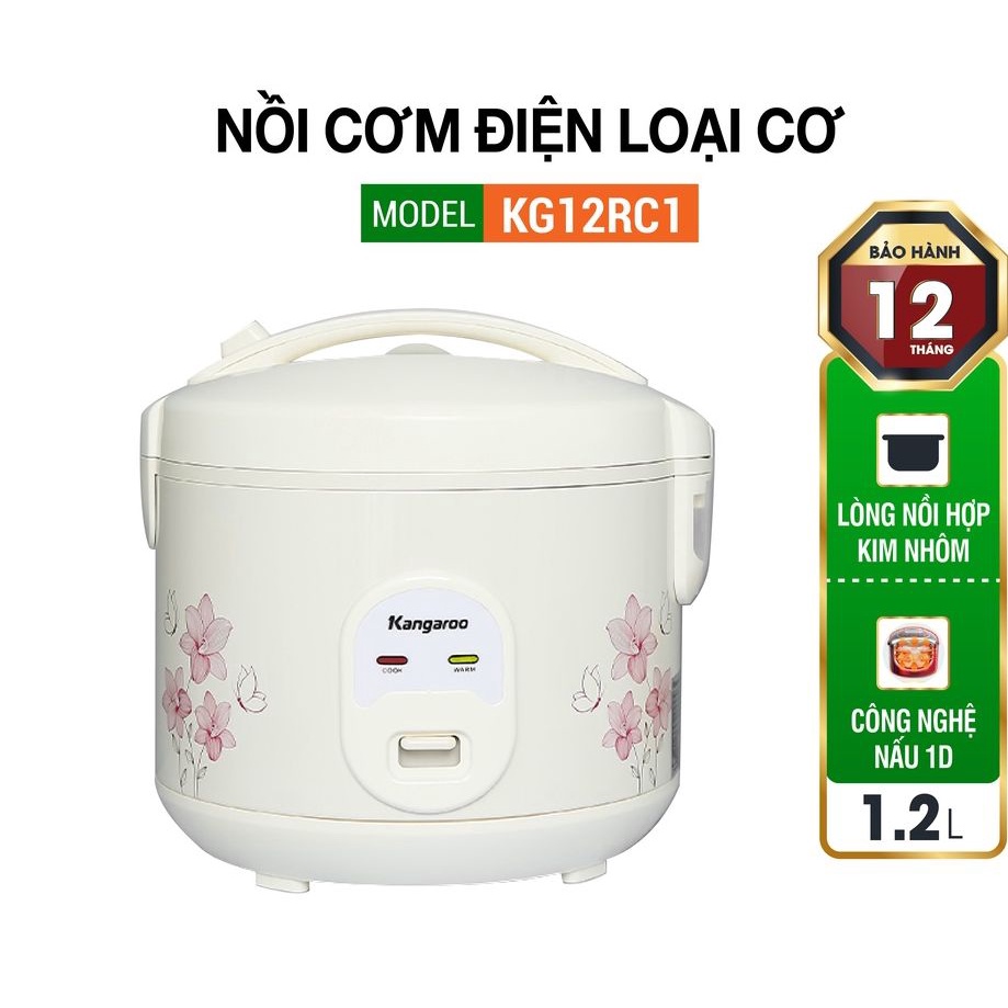 Nồi cơm điện nắp gài Kangaroo KG12RC1 1.2 lít-Chính hãng trưng bày-Số người ăn 2 - 4 người Công suất:  500W