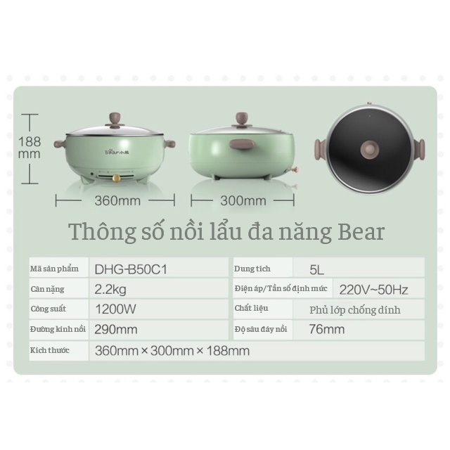 Nồi lẩu đa năng Bear DHG-B50C1,công suất 1200w, dung tích 5l, chống dính, dung tích lớn