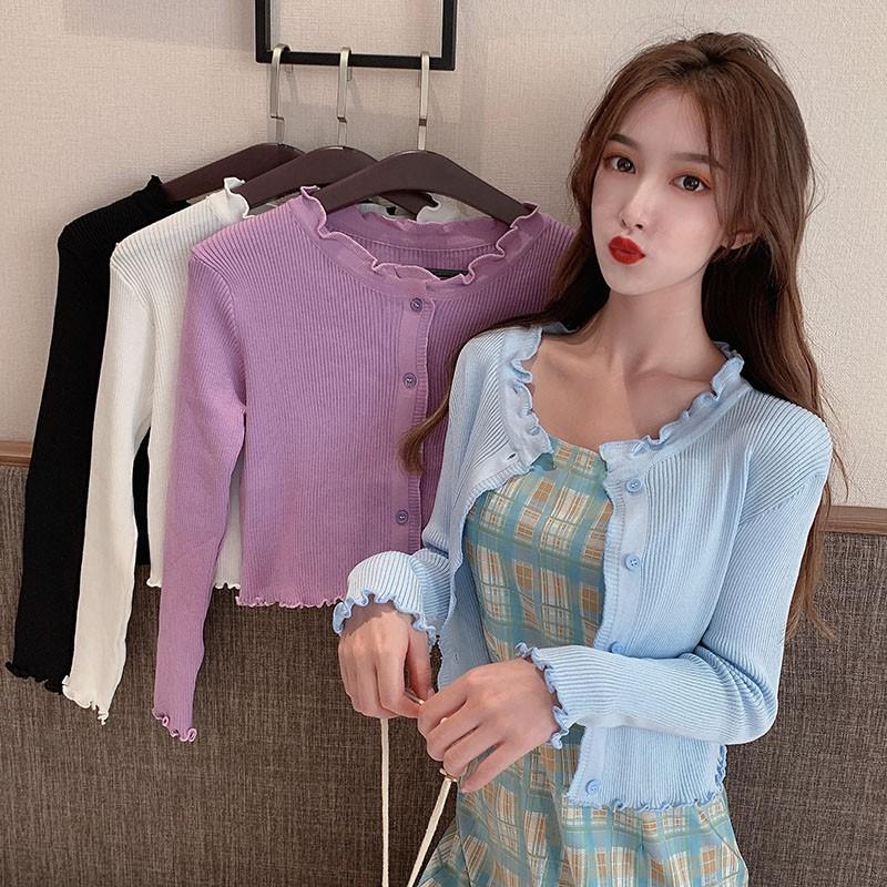 Áo Khoác Cardigan Dệt Kim Tay Dài Đính Tai Gỗ Kiểu Hàn Quốc Đơn Giản