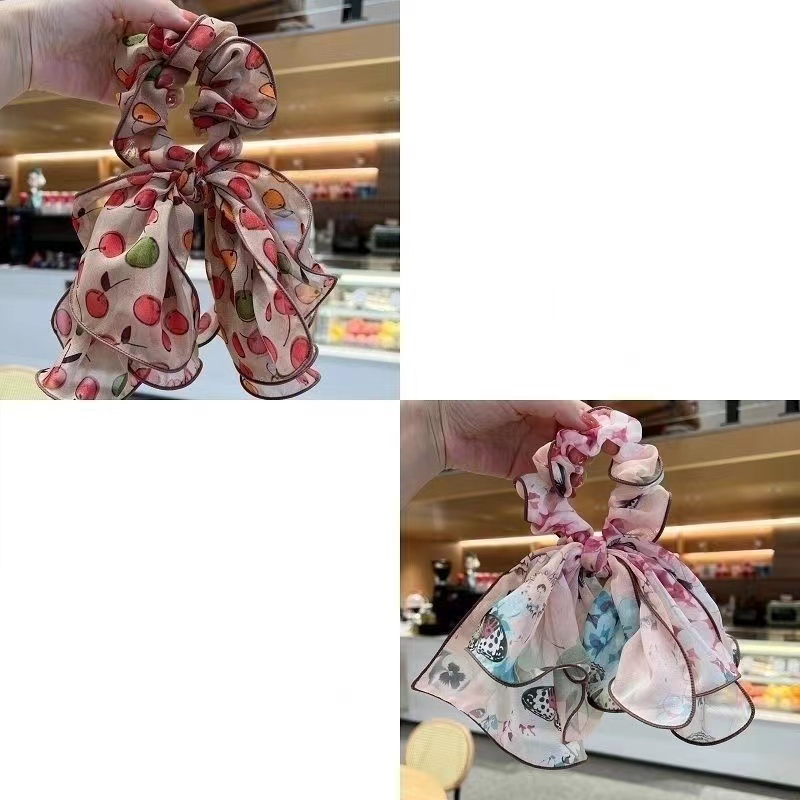 Dây Cột Tóc Thắt Nơ Bằng Vải In Hoa Phối Dây Ruy Băng Cỡ Lớn Bằng Kim Loại Kiểu Hàn Quốc Cho Nữ