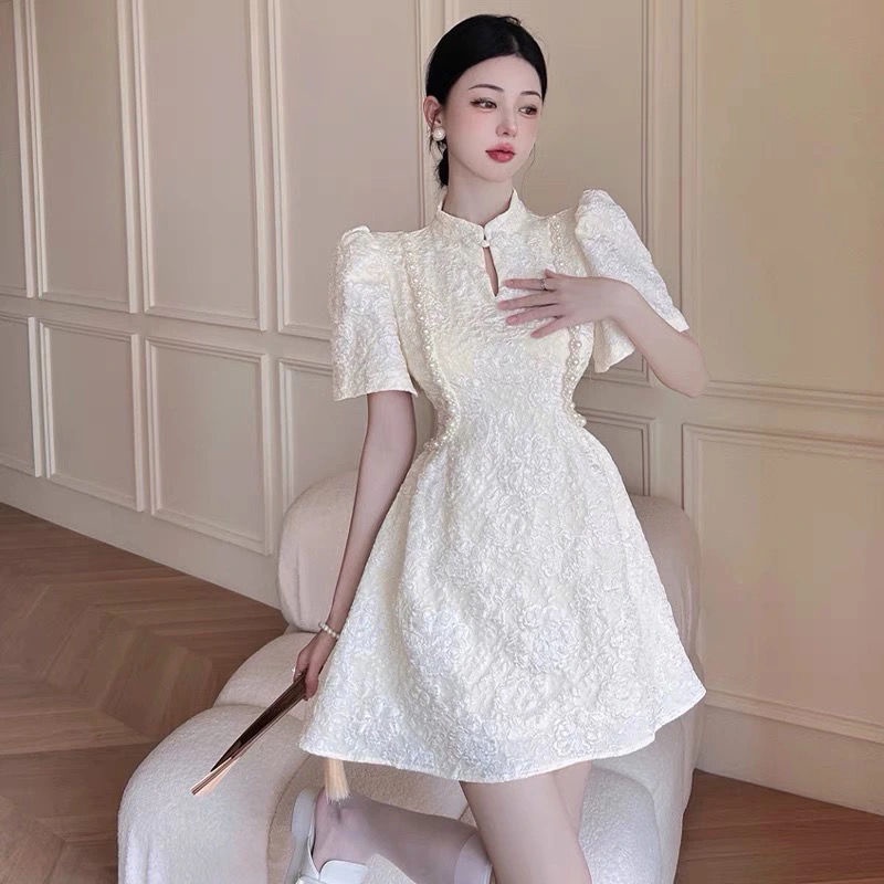 Đầm Sườn Xám Cách Tân Dáng Ôm Tay Phồng Đính Hạt Thời Trang Mùa Hè Phong Cách Hàn Quốc Mới Cho Nữ