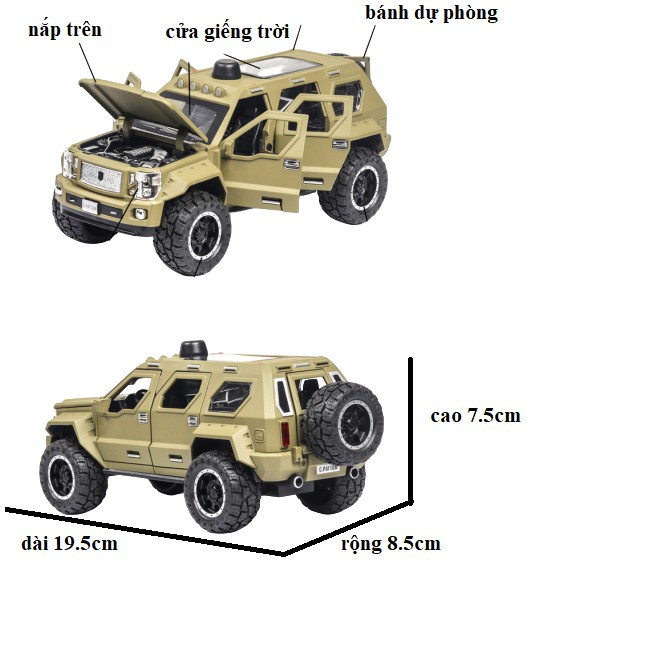 Mô hình hợp kim xe quân sự chống bạo động SUV Patton 4 bánh lớn, tỉ lệ 1:24, tích hợp đèn,  âm thanh