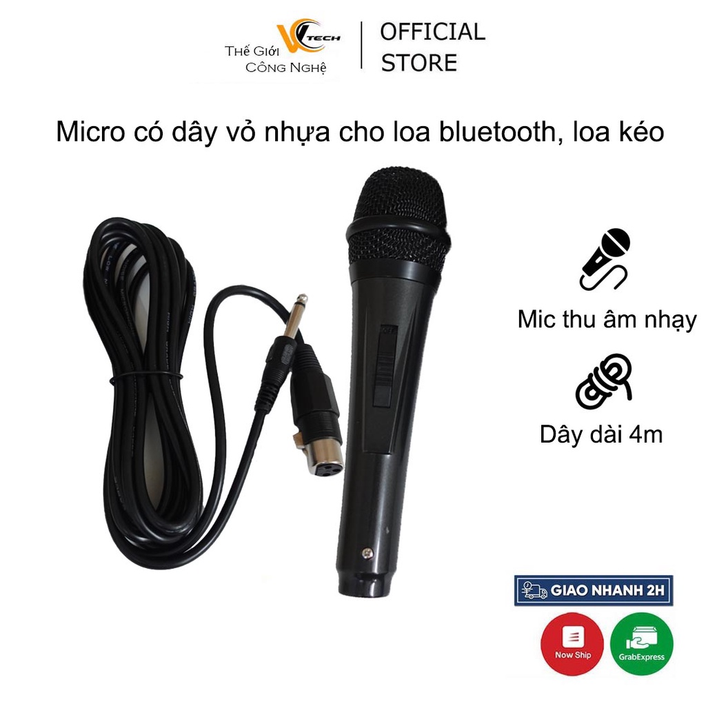 Micro Karaoke có dây vỏ nhựa và bắt giọng nhạy - Mic cho loa kéo, loa bluetooth, dây loa dài 4m