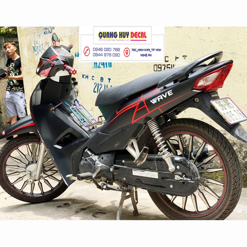 Tem trùm wave đen chỉ đỏ alpha 110, độ phủ bộ team decal cho xe máy rẻ đẹp